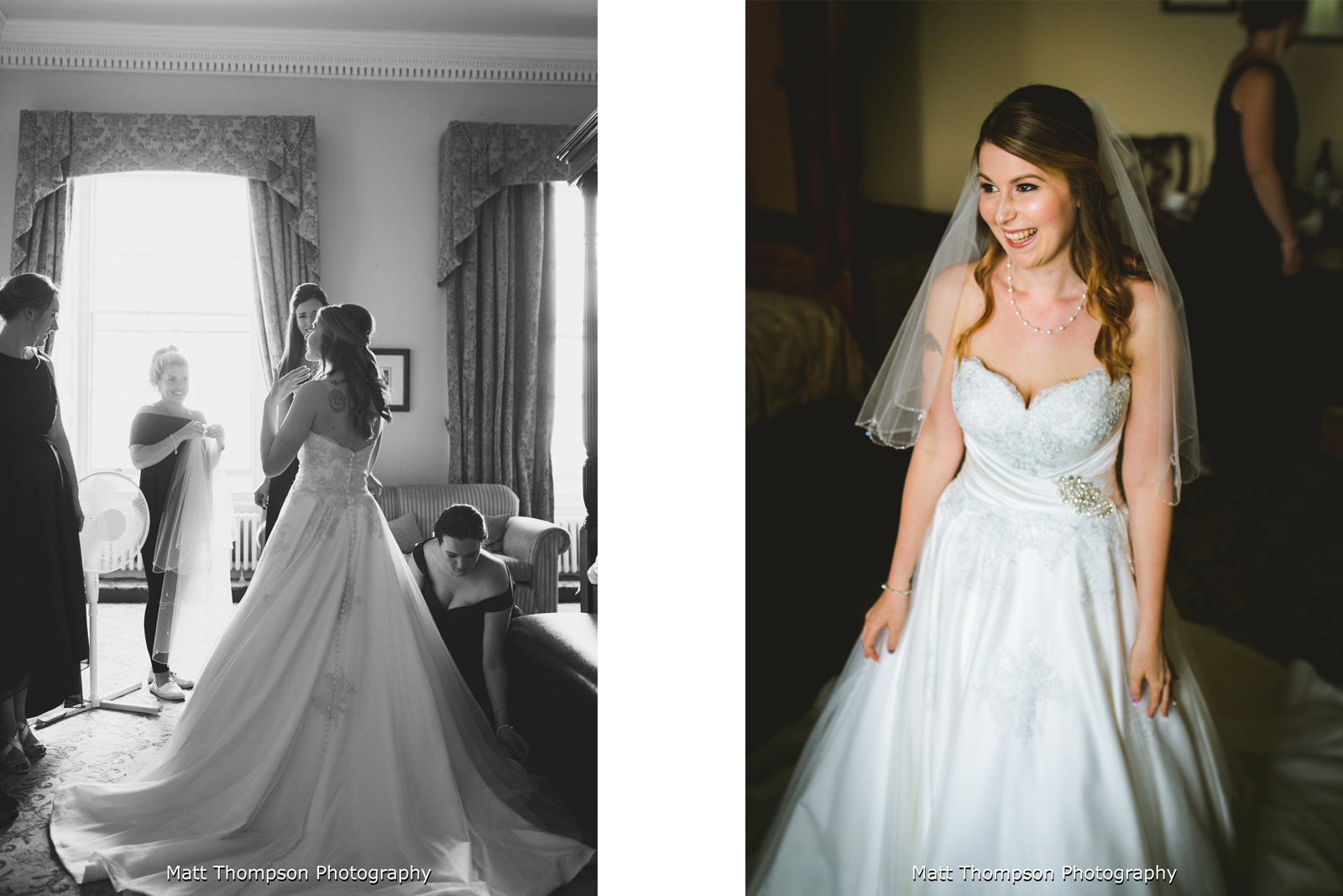 putting wedding dress on