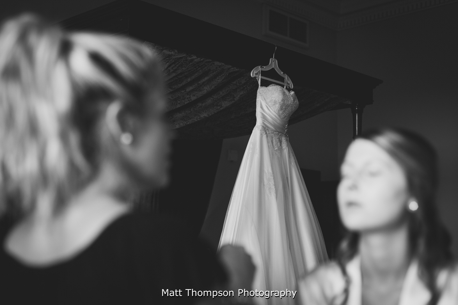 wedding dress hung up