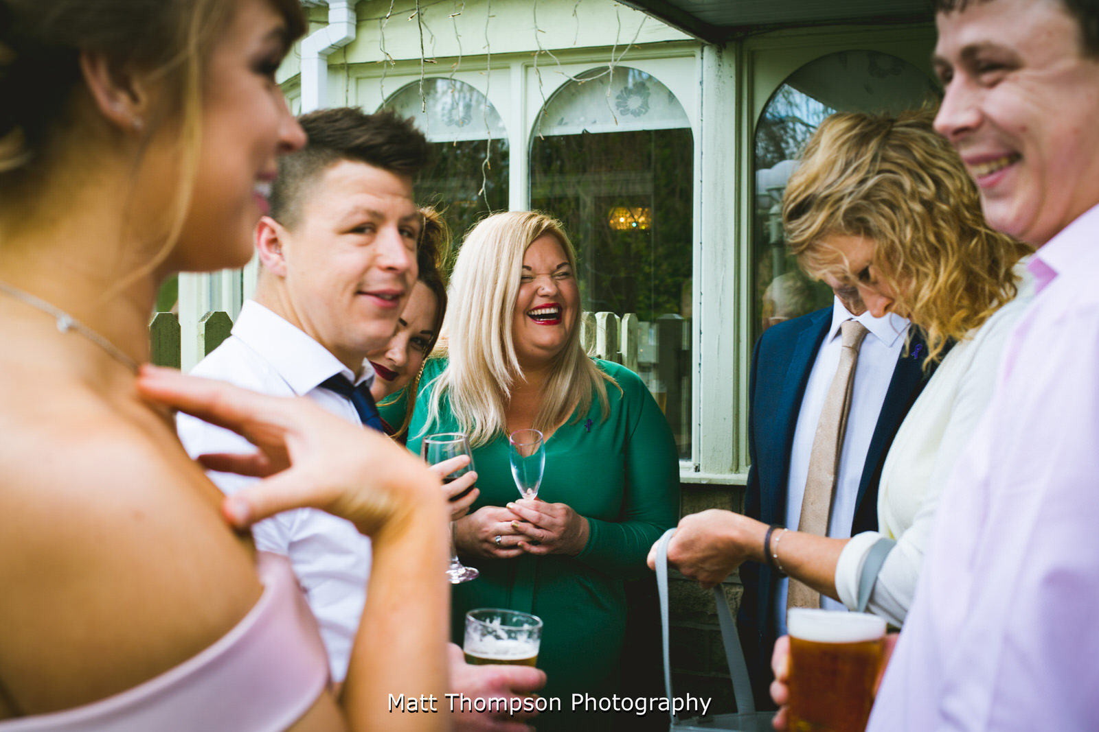 wedding guests laughing at tower house hotel halifax