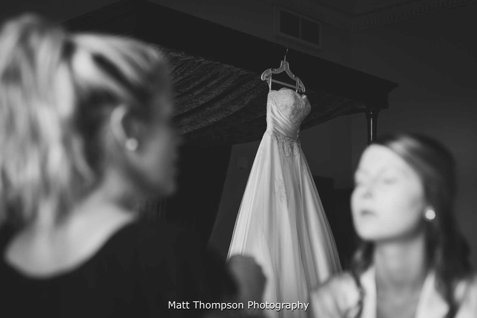 wedding dress hung up