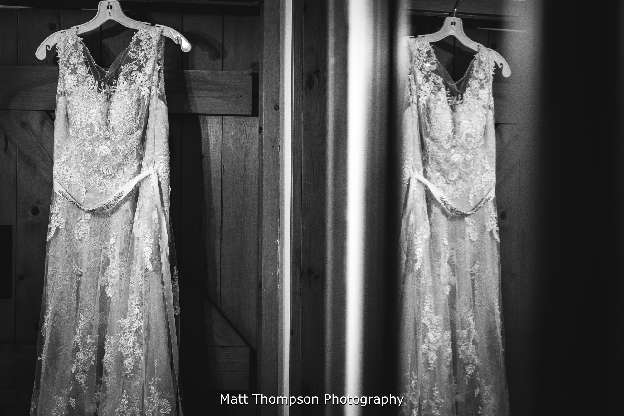 wedding dress hung up
